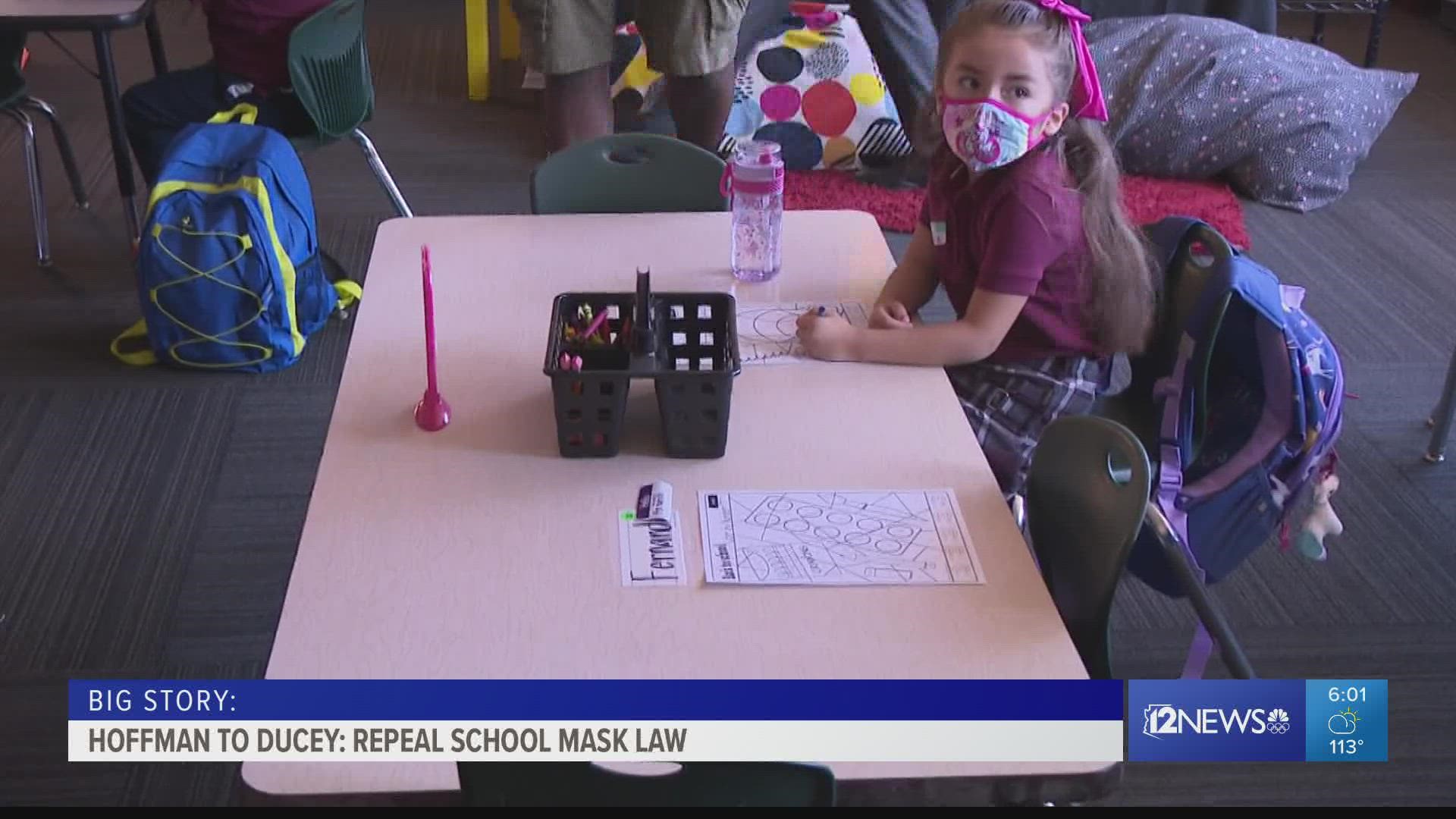 Arizona Gov. Doug Ducey is digging in and refusing to repeal a law banning masks from school classrooms. Superintendent Kathy Hoffman is asking him to reconsider.