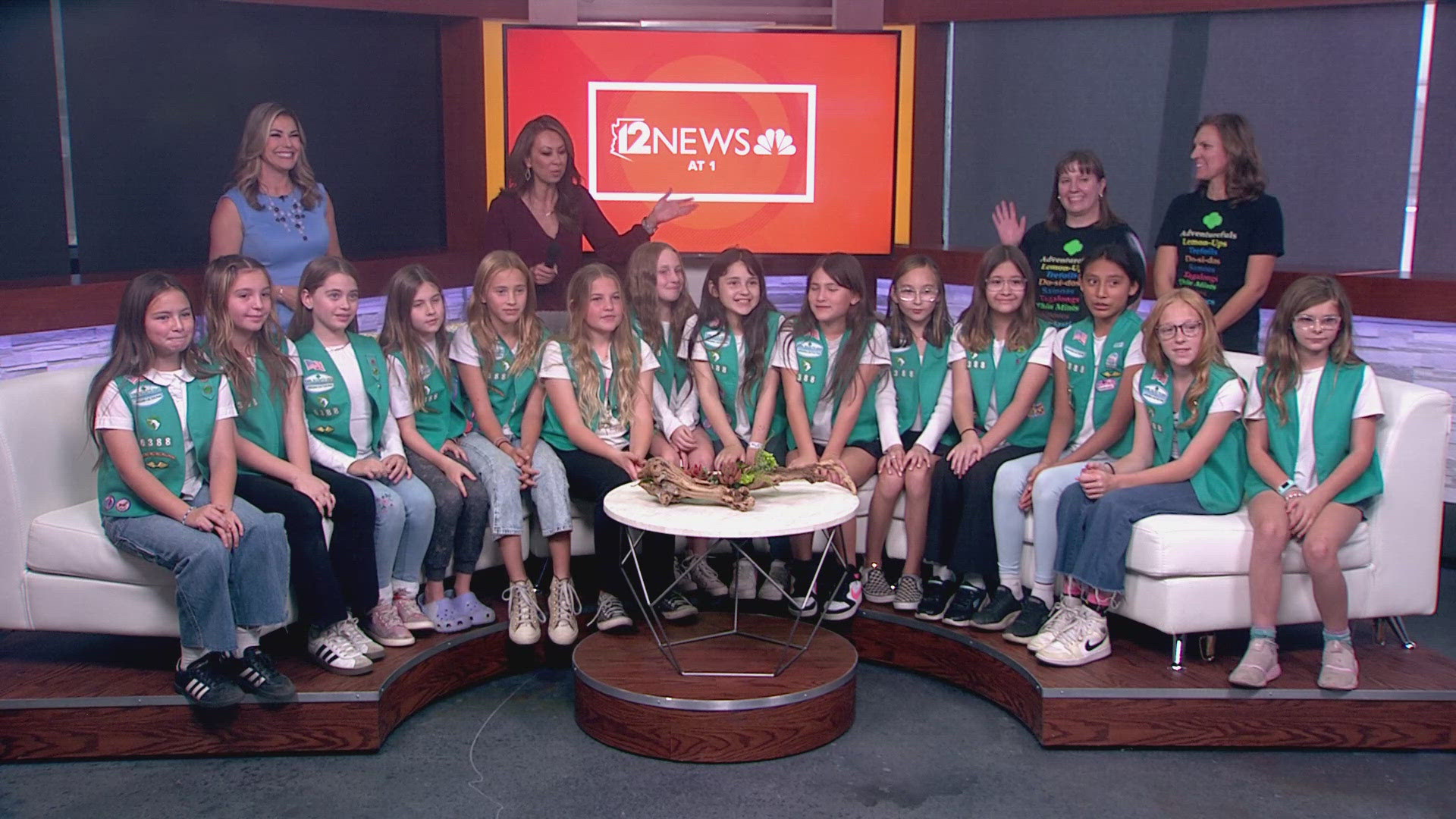 Tram and Rachel chatted with the Girl Scouts from Troop 6388 as they visited the 12News studio.