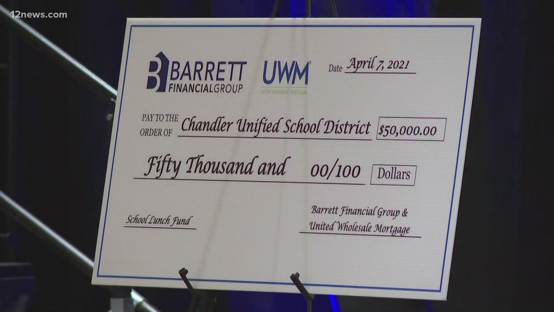 Barret Financial Group donated $50,000 to pay of the Chandler Unified School District's school lunch fund. A similar donation was made by the group last year.
