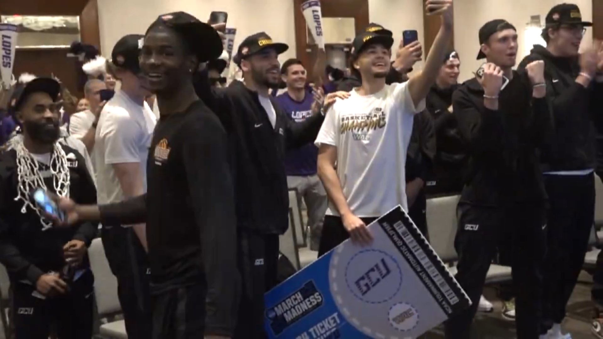 GCU is headed back to the NCAA Tournament, this time as a No. 12 seed and 12News was the only local TV station with GCU when they learned where they're playing.