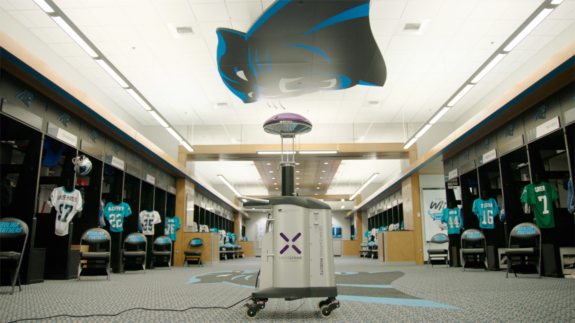 A coronavirus-zapping robot is being used to disinfect Bank Of America Stadium, including the visiting team locker room the Cardinals used on Sunday.