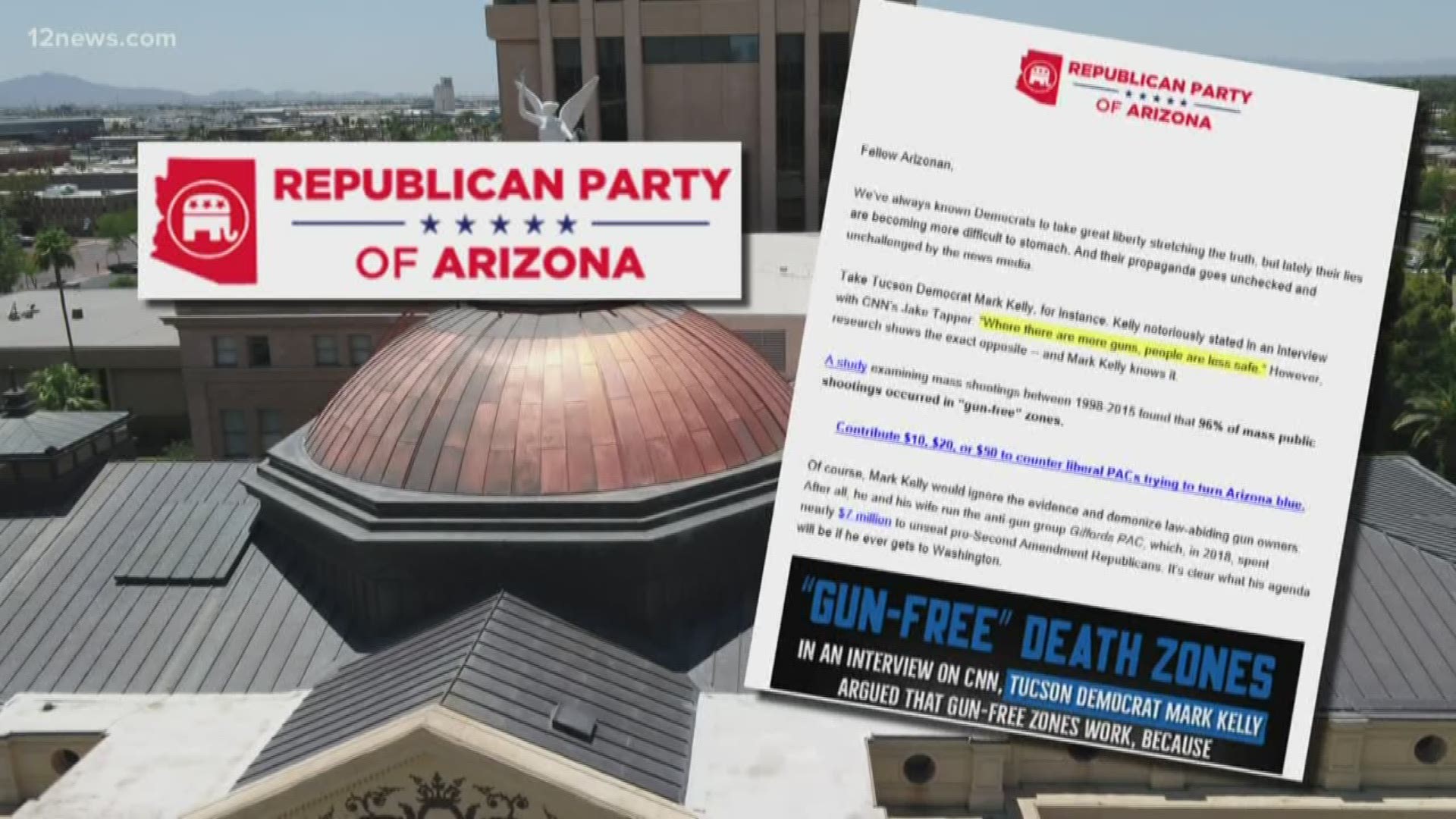 Arizona Republican Party chair Kelli Ward is getting backlash after sending a fundraising email asking people to support the party and "stop gun-grabber Mark Kelly dead in his tracks." Team 12's Bianca Buono has the latest.