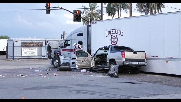 2 adults, 2 kids seriously injured after pickup collides with semi-truck in Tolleson