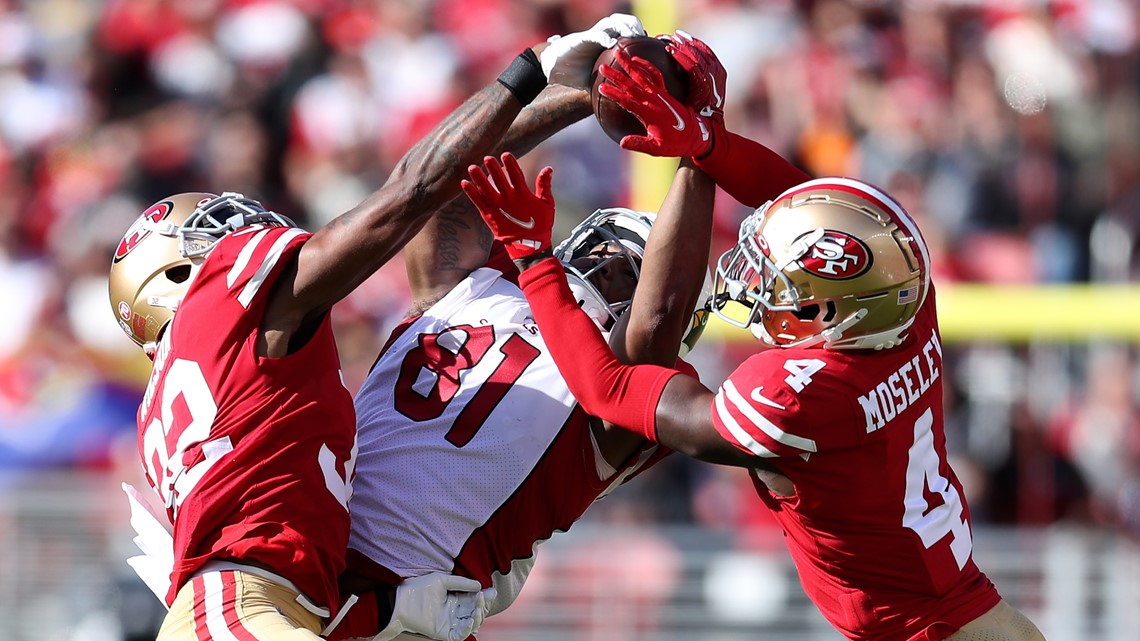 San Francisco 49ers fullback Kyle Juszczyk (44) runs against Arizona  Cardinals linebacker Tanner Vallejo (51) during the first half of an NFL  football game in Santa Clara, Calif., Sunday, Nov. 7, 2021. (