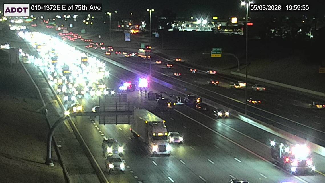 ADOT said the eastbound lanes were closed on Interstate 10 in Phoenix because of a crash near 75th Avenue.