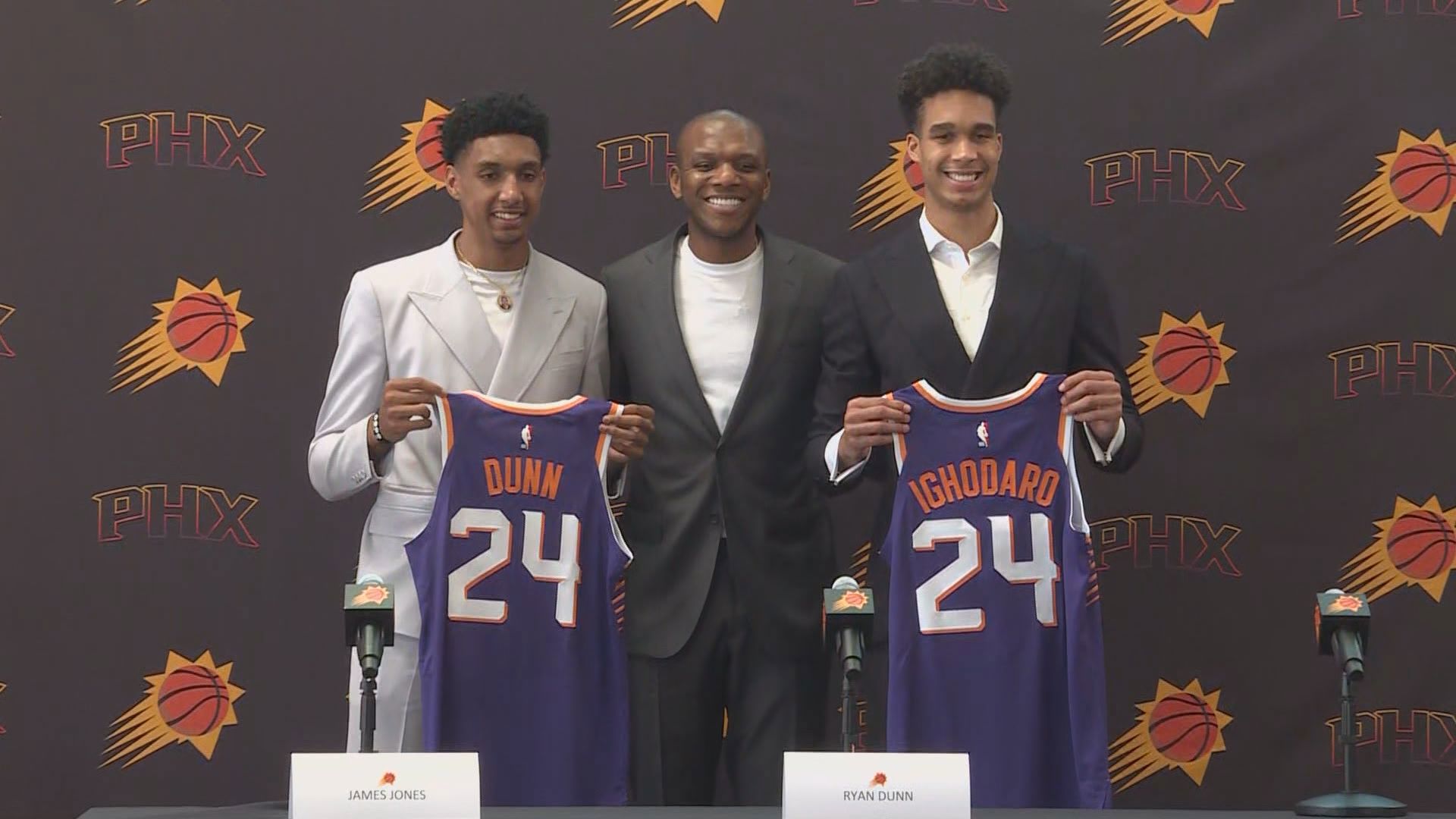 Phoenix Suns introduce their 2024 NBA draft picks Ryan Dunn and Oso Ighodaro during a morning news conference on July 2, 2024.