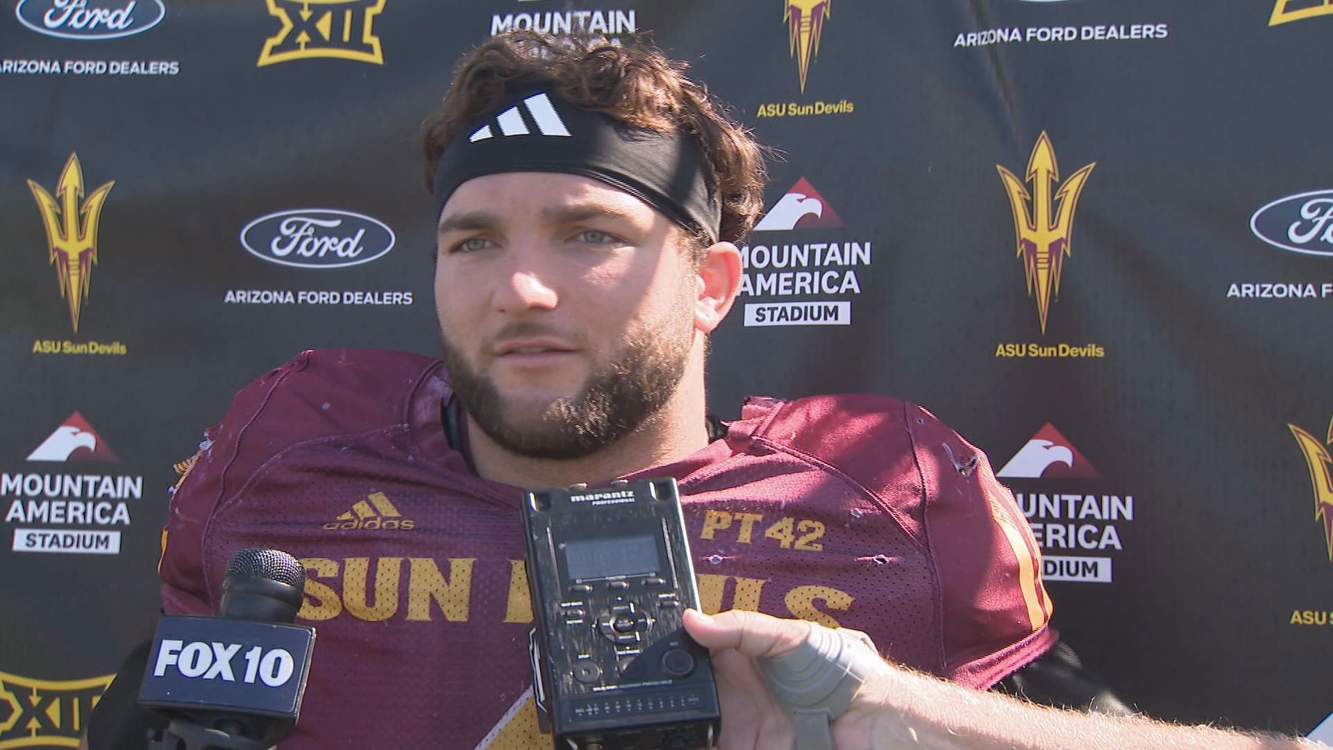 ASU running back Cam Skattebo speaking to the media after practice before the game against Cincinnati.