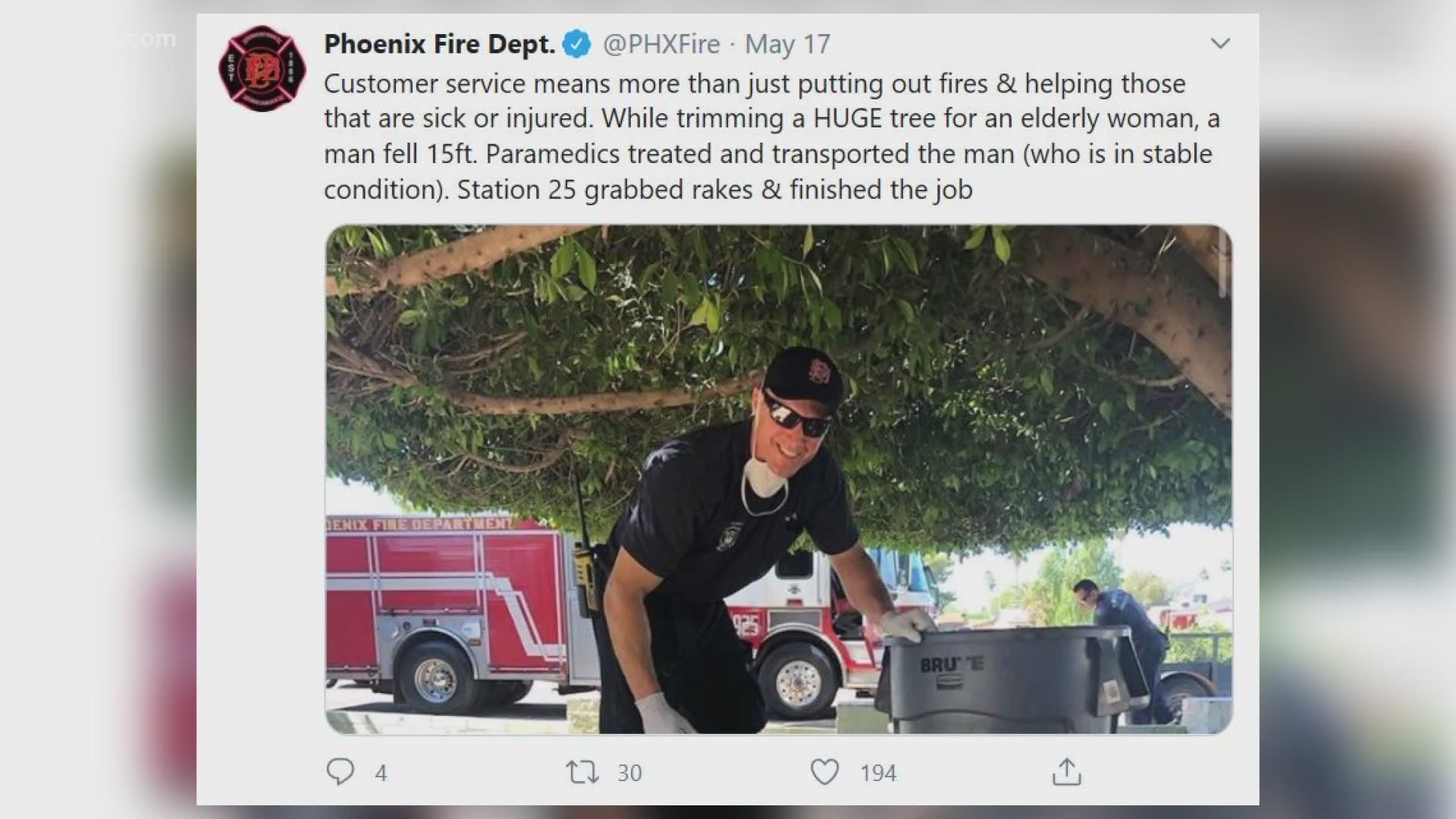 Phoenix Fire crews helped a man after he fell while trimming a huge tree for an elderly client. After treating him, the firefighters went back to finish the job.