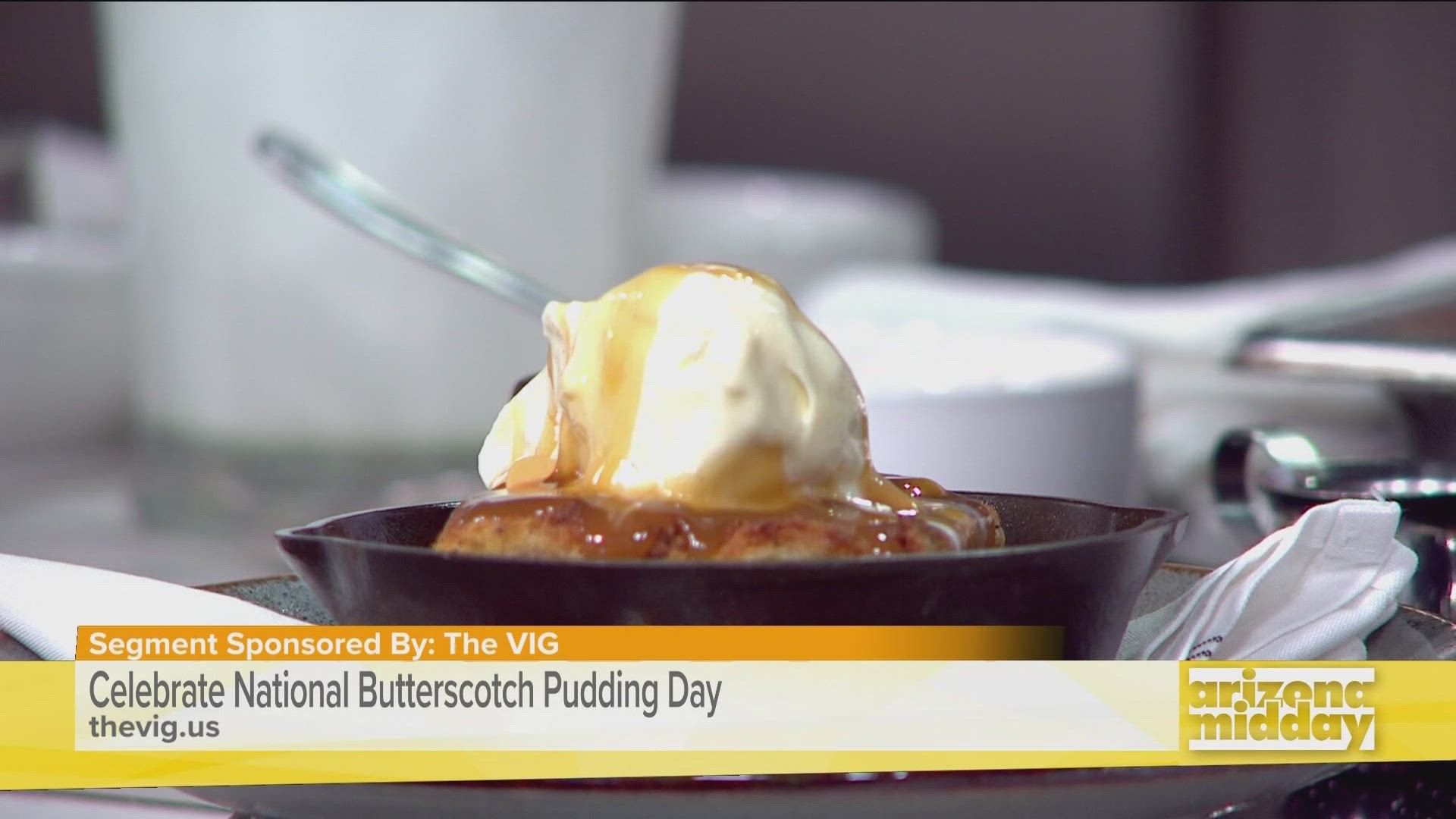 Jeremy Pacheco with The Vig stops by to show us how they make their delicious Butterscotch Bread Pudding.