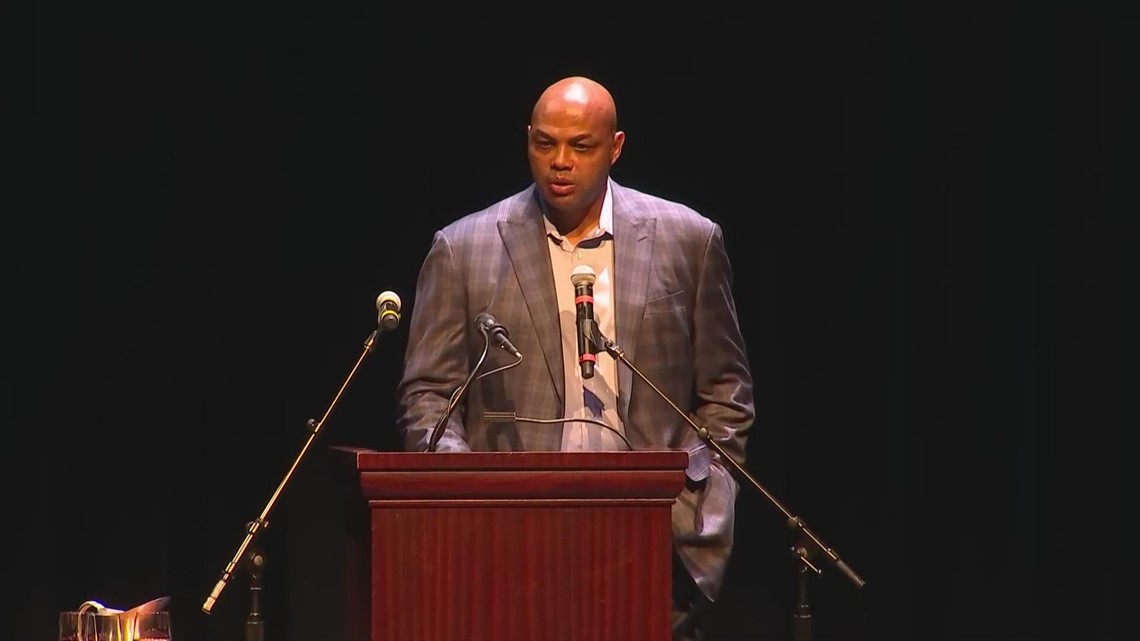 Charles Barkley speaks at the memorial for former Arizona Attorney General Grant Woods