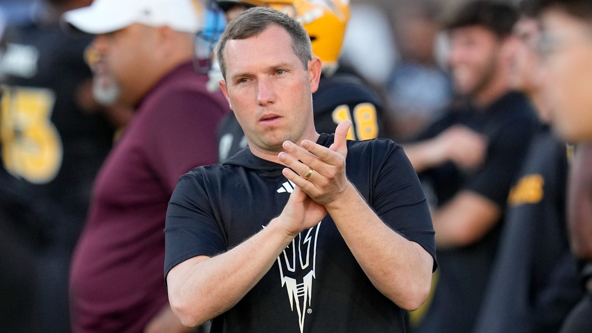 ASU head football coach Kenny Dillingham and some of the Sun Devil players speak at their postgame press conference after defeating Pac-12 foe Washington St., 38-27