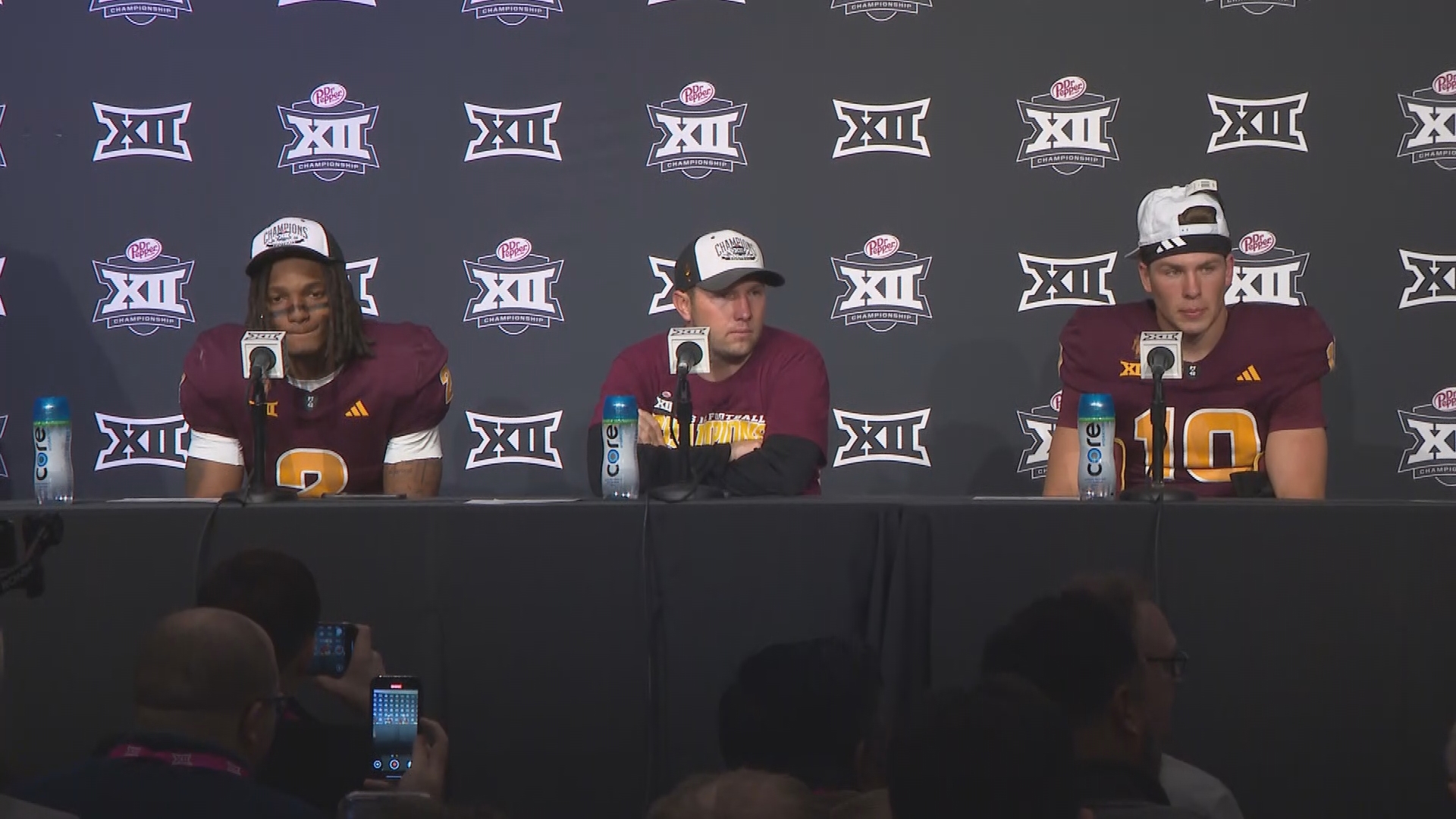 ASU head coach Kenny Dillingham, QB Sam Leavitt, DB Xavion Alford & RB Cam Skattebo speak to the media after winning the Big 12 title.