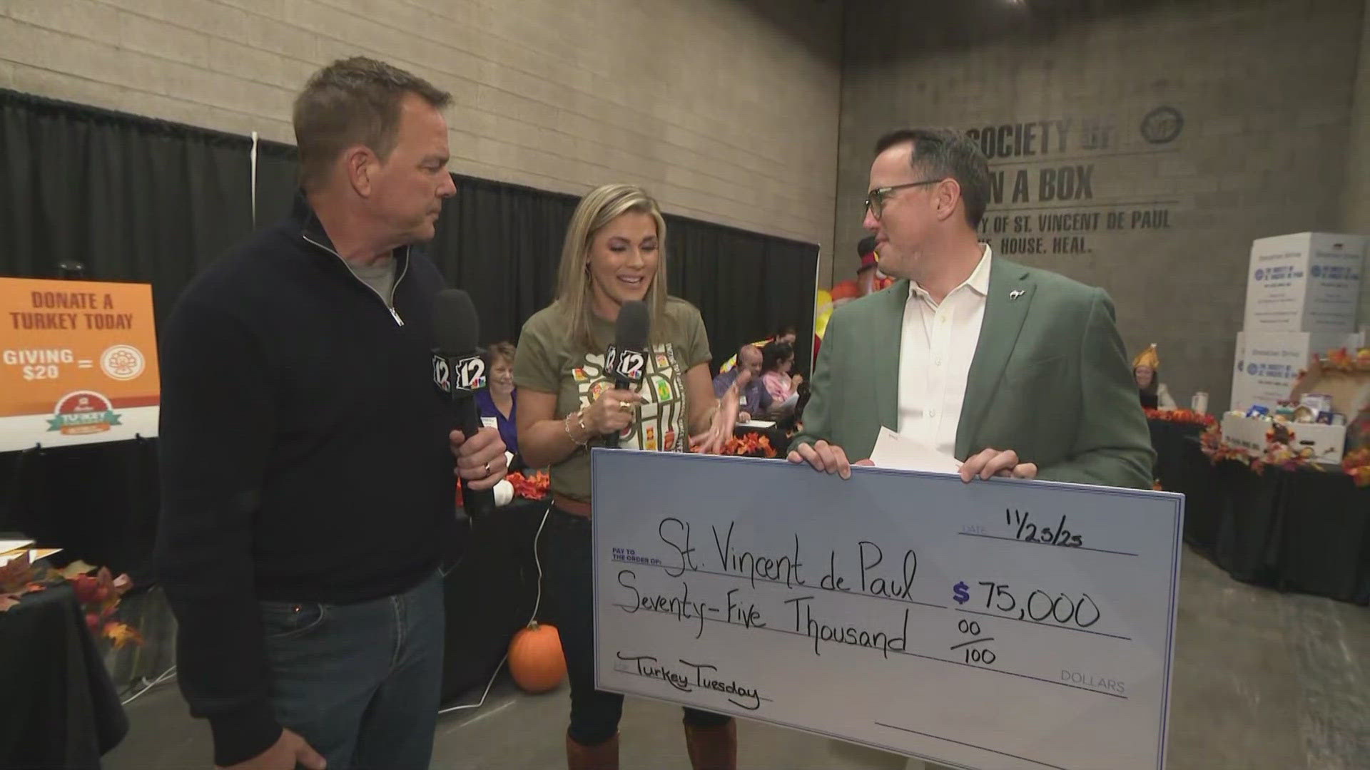 An anonymous Valley couple donated $75,000 to St. Vincent de Paul during the 12News Turkey Tuesday fundraiser.