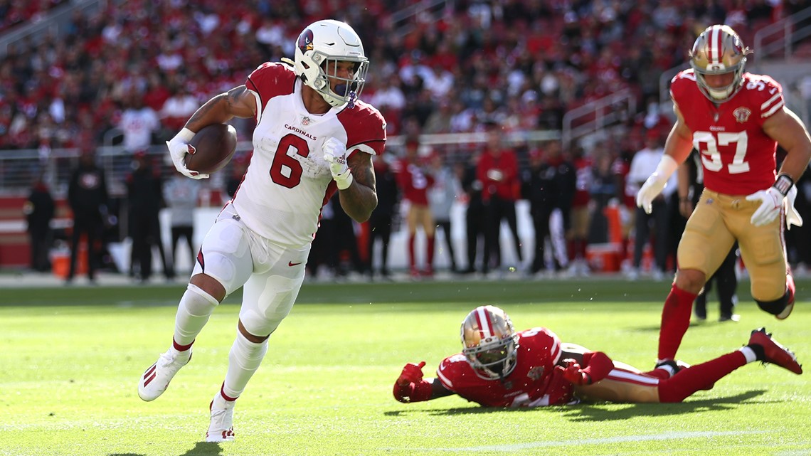 San Francisco 49ers fullback Kyle Juszczyk (44) runs against Arizona  Cardinals linebacker Tanner Vallejo (51) during the first half of an NFL  football game in Santa Clara, Calif., Sunday, Nov. 7, 2021. (