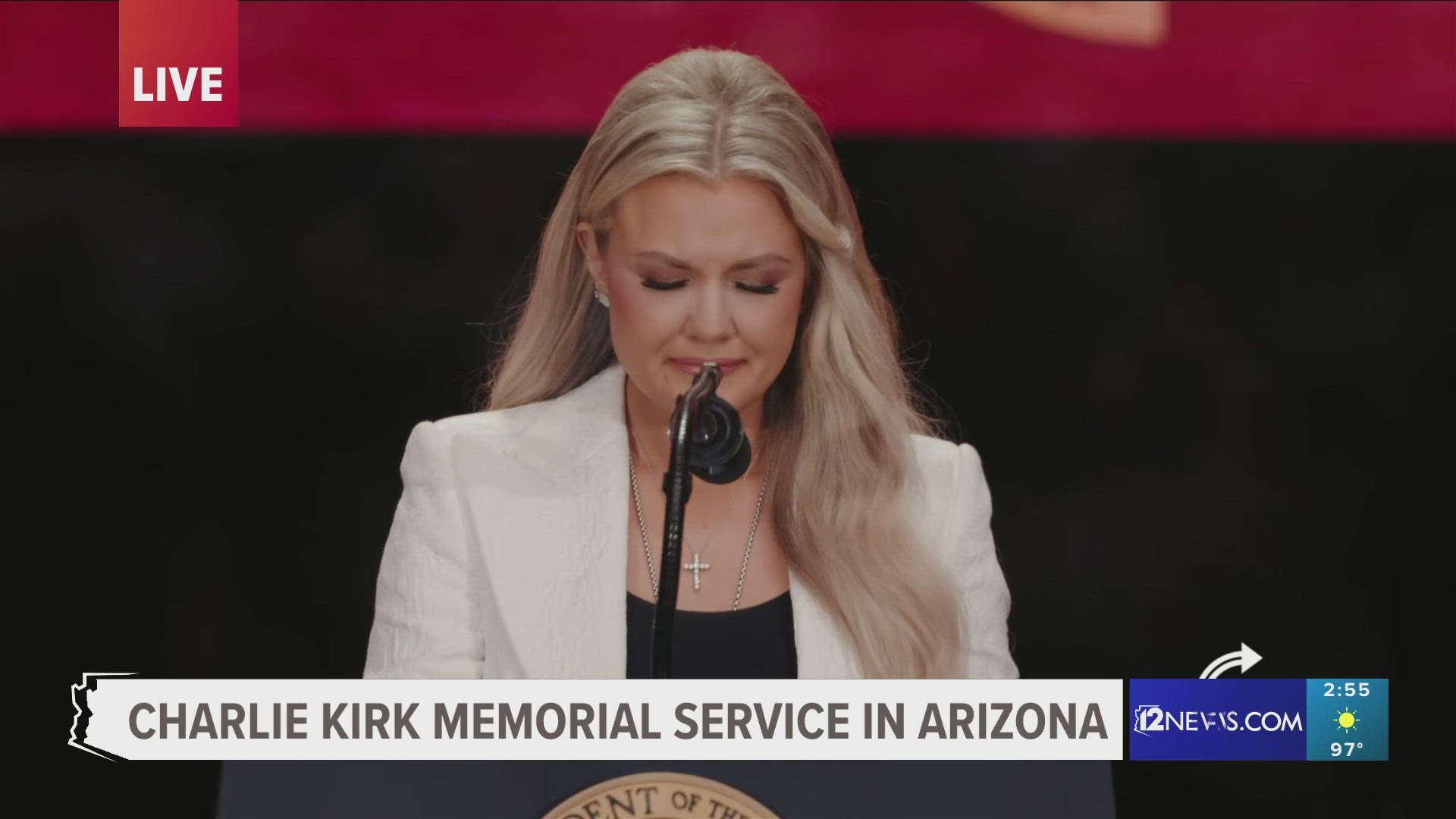 Erika Kirk, wife of Charlie Kirk, delivered heartfelt remarks during his memorial service at State Farm Stadium in Glendale, Arizona.