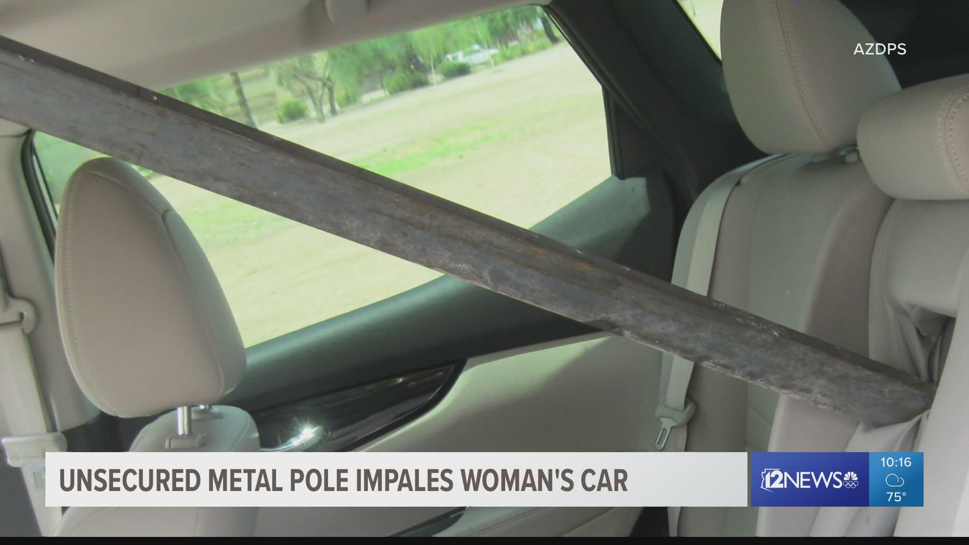 A driver was luckily uninjured when their car was impaled by a piece of metal that came off of another driver's vehicle in Phoenix on Thursday.