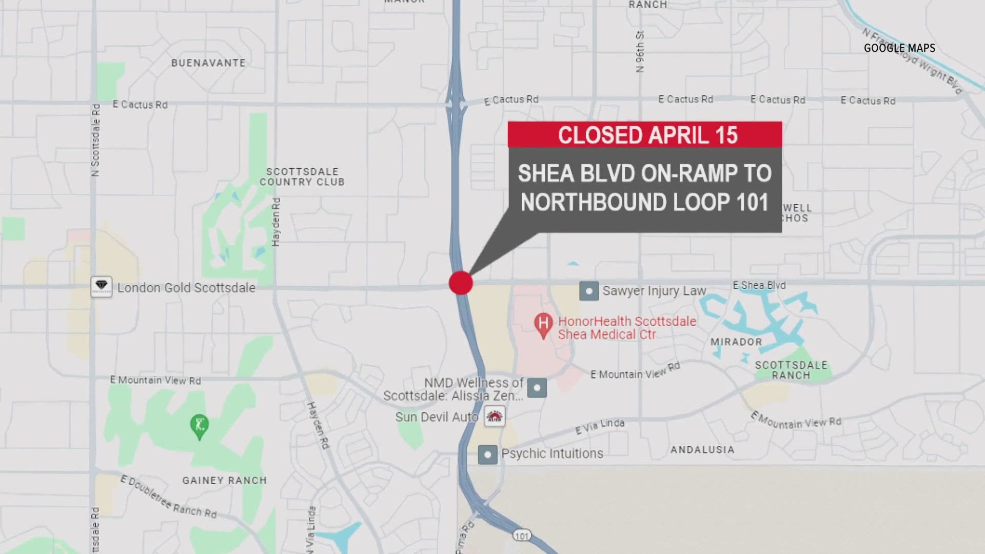 The on-ramp from Shea Boulevard to the Loop 101 in Scottsdale is now closed. Here's why, how long it will be closed and an alternate route.