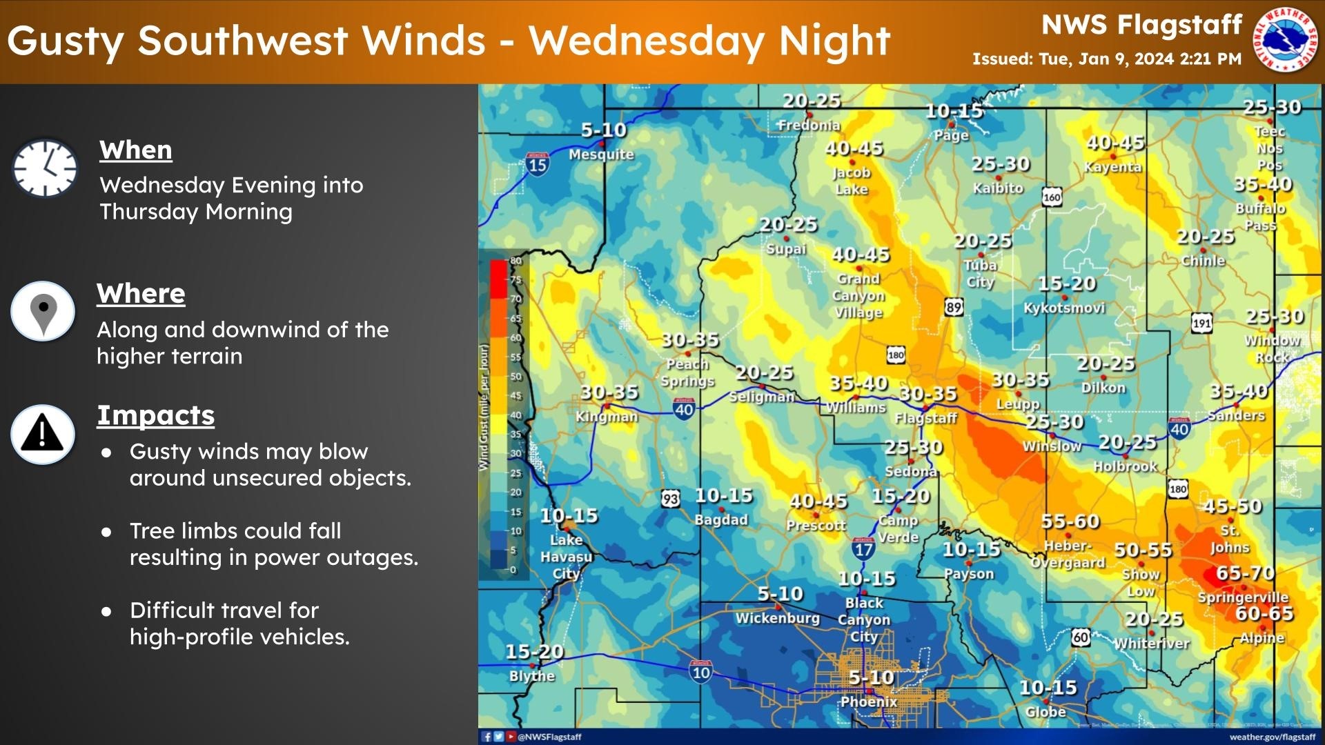 How much snow is expected in Arizona Wednesday, Thursday?