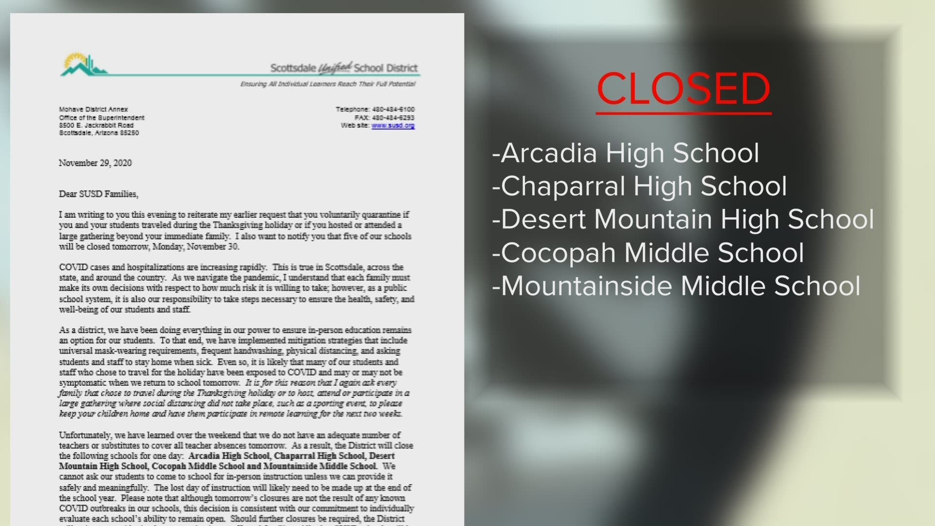 Five Scottsdale schools did not open the Monday after Thanksgiving break. The district says there weren't enough teachers or subs to cover classes.