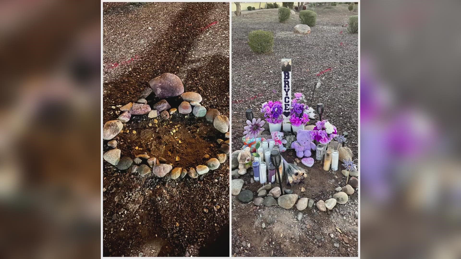The family of 19-year-old Bryce Burgess set up a memorial near where the motorcyclist died on Dec. 23. But someone has apparently destroyed it.