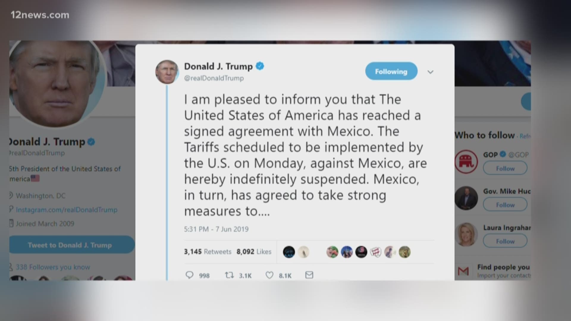 President Trump tweeted that the United States and Mexico have reached a trade agreement and the tariffs the President threatened to implement on Mexico are suspended indefinitely.