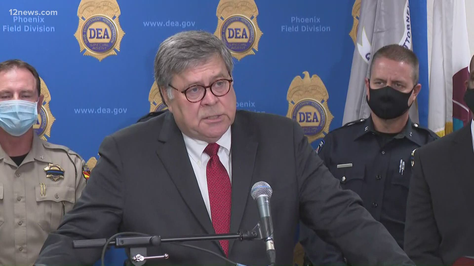 Barr focused on crime when holding a press conference at the DEA office in Phoenix Thursday.