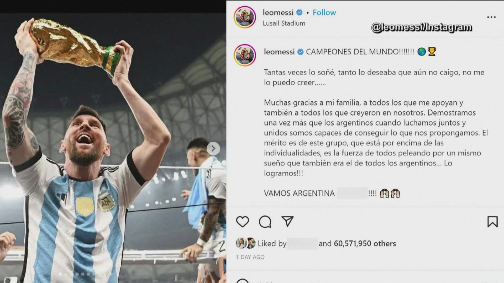 With more than 65 million likes, the photo of the Argentina star lifting the World Cup trophy is now the most liked social media post ever.