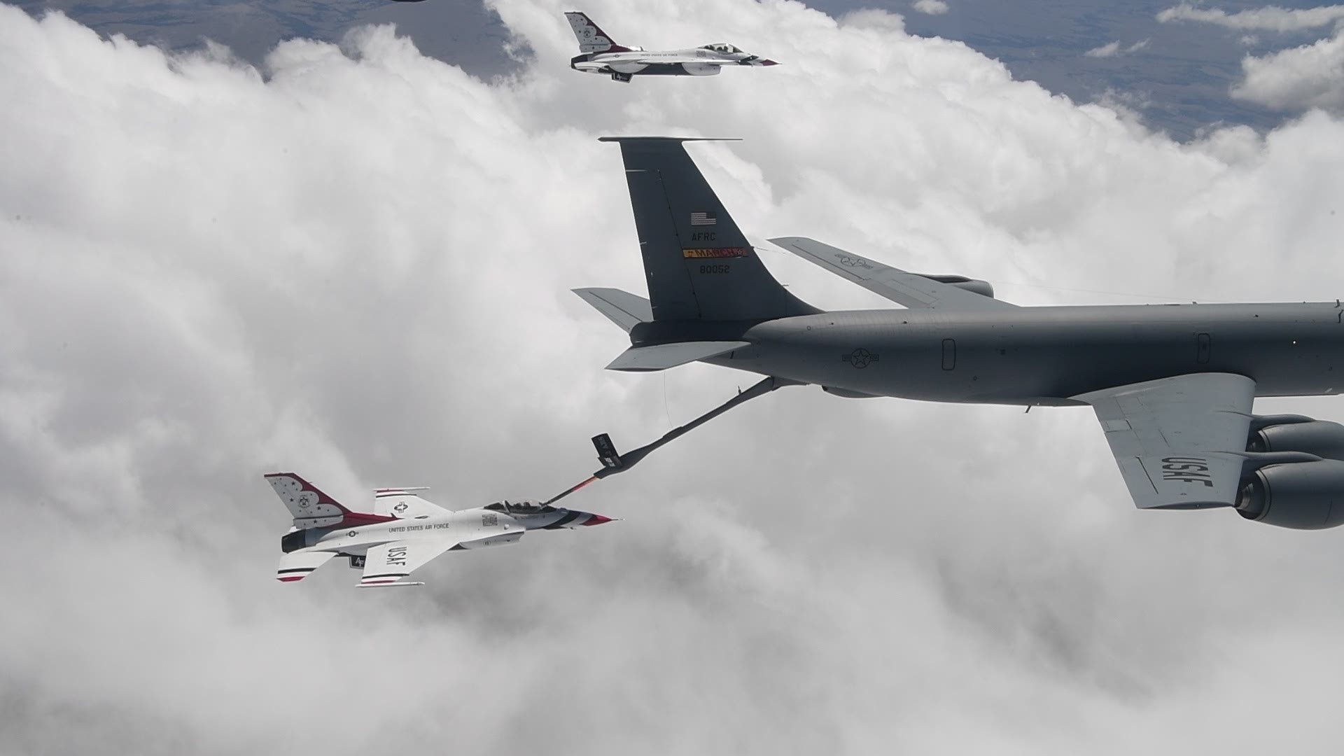 The United States Air Force Thunderbirds refuel mid flight Saturday while conducting a series of flyovers to honor healthcare workers along the Front Range.