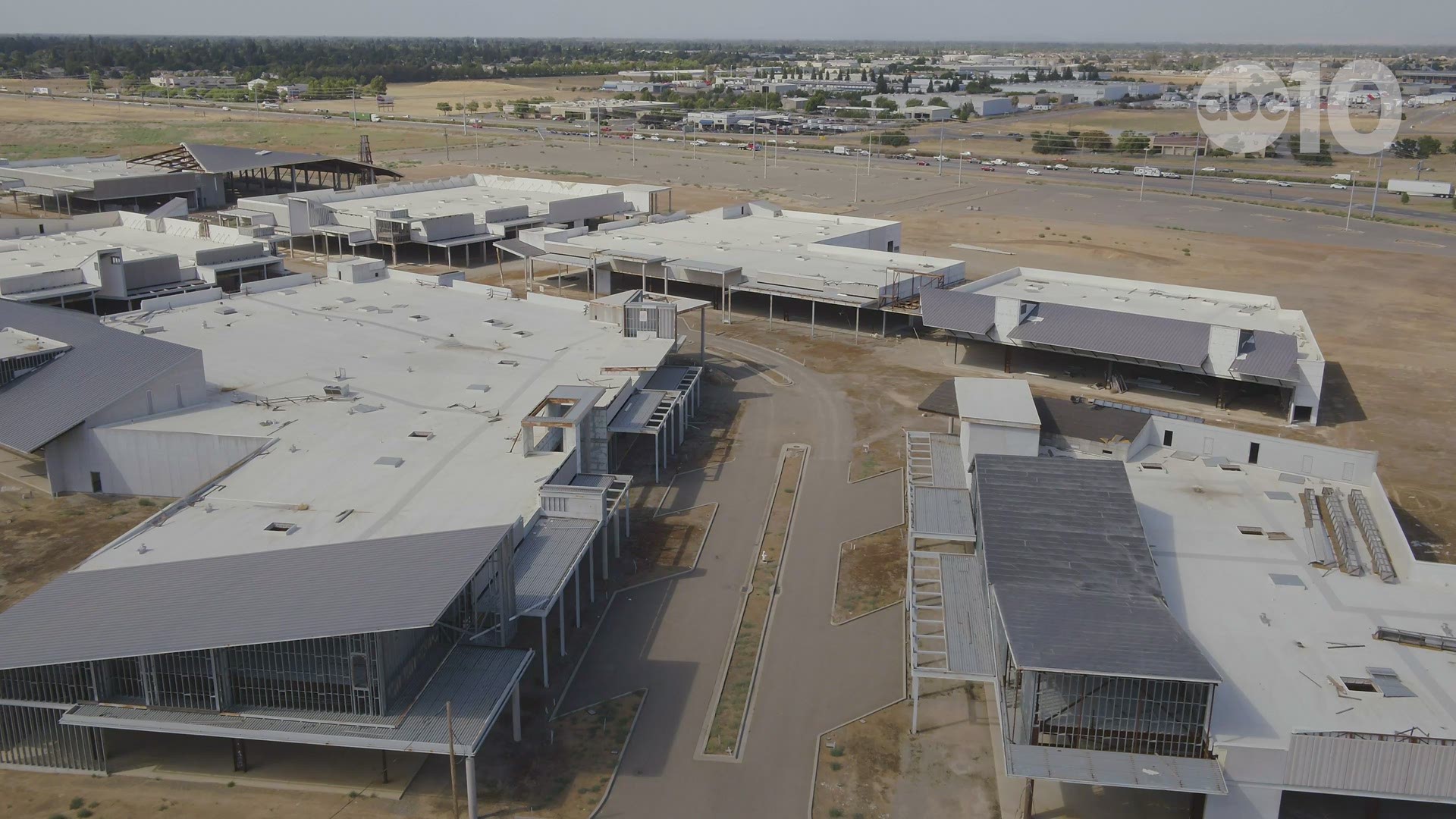 An aerial view of the long delayed mall site in Elk Grove, CA. Construction stopped 10 years ago and it will be at least two more years before the project is complete.