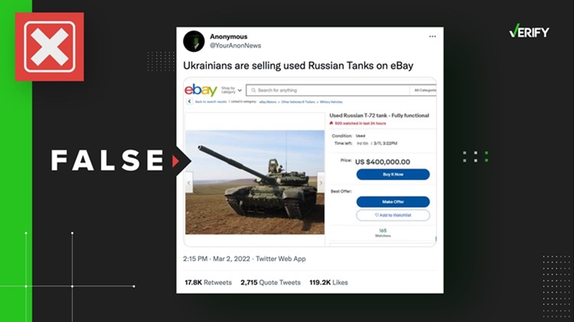 Viral posts shared across social media claim Ukrainians are selling used Russian tanks on eBay. VERIFY found no evidence this is true.