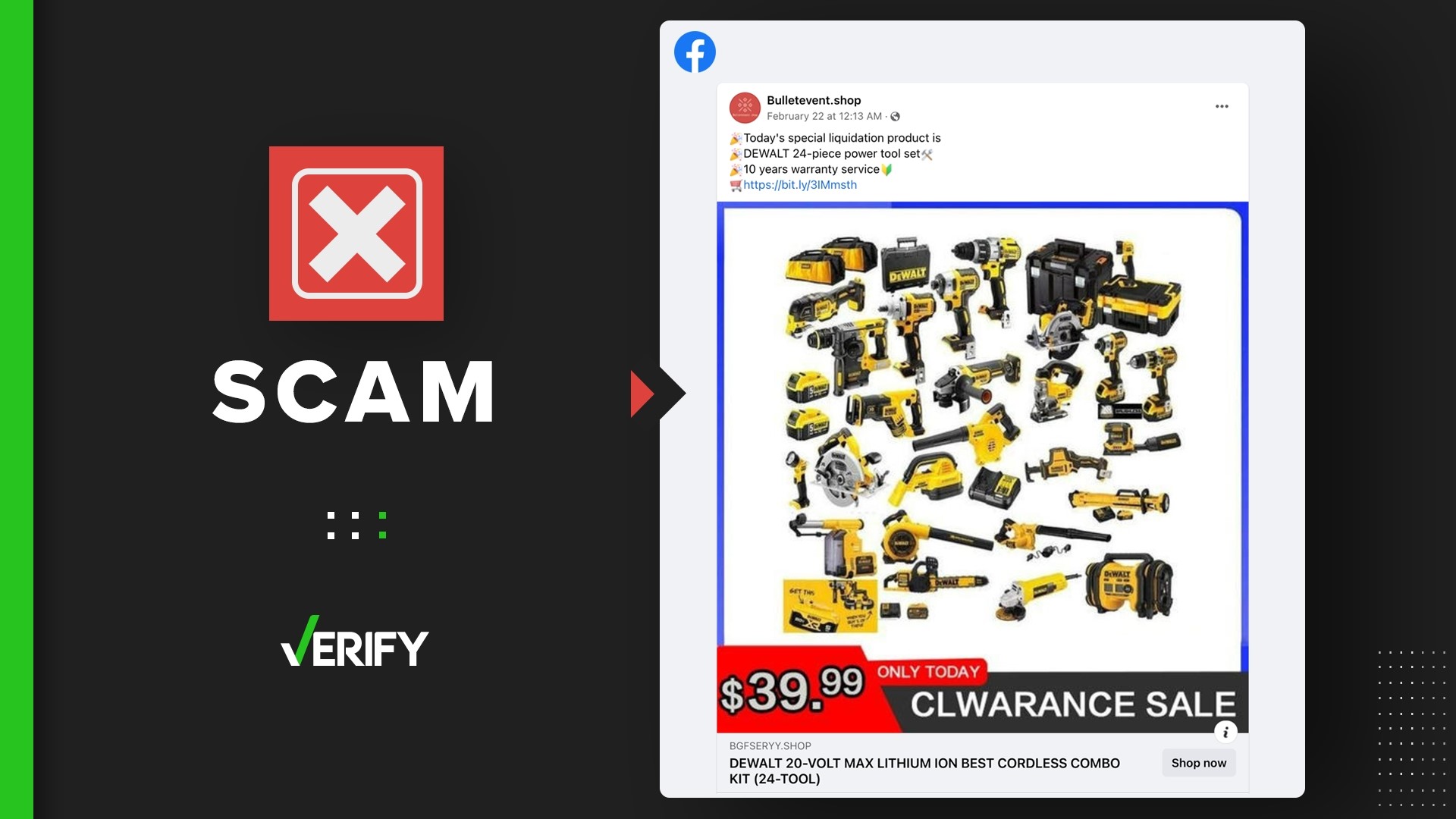 Facebook posts advertising cheap, liquidation sales of DEWALT and Milwaukee Tool sets are a scam. Home Depot and Lowes value them at hundreds of dollars.