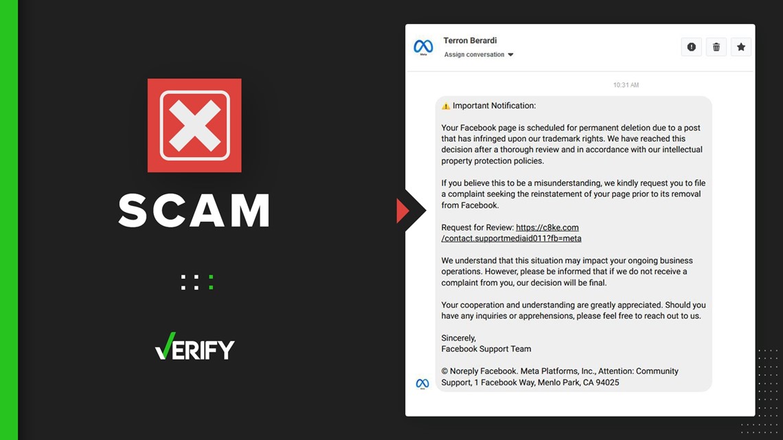 Facebook inbox messages about page deletion are a scam