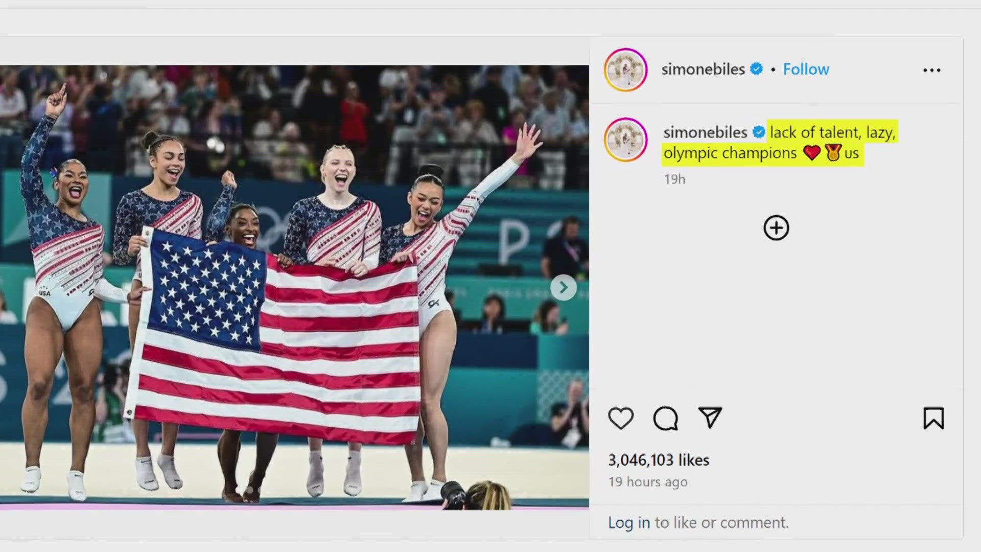 The caption references former teammate MyKayla Skinner, who said the squad aside from Biles "lacked work ethic" in a now deleted video.