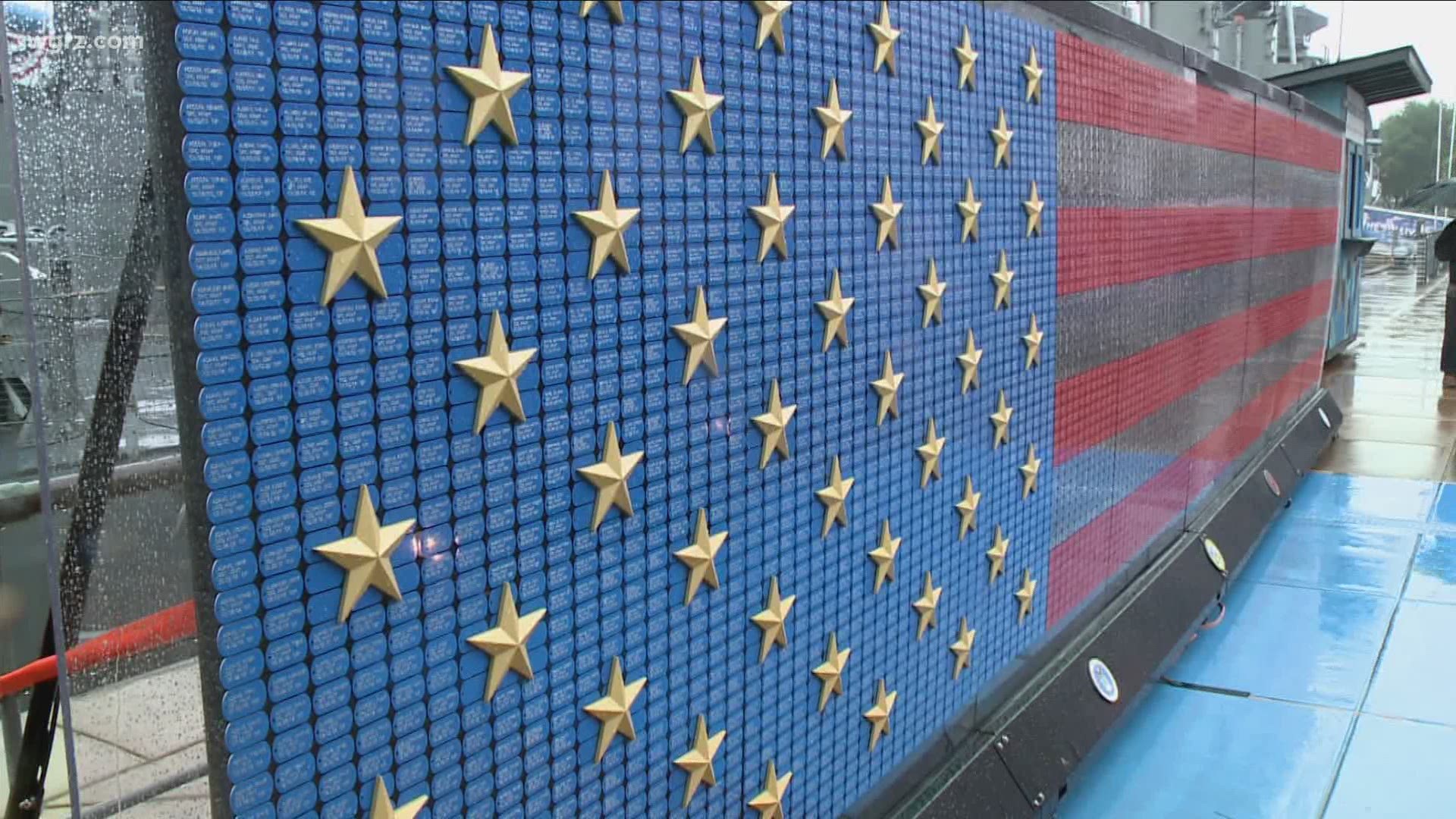 The fallen heroes memorial is on display at the Buffalo and Erie County Naval Park through tomorrow evening. It's a 28 by 6 foot American flag made from dog tags.