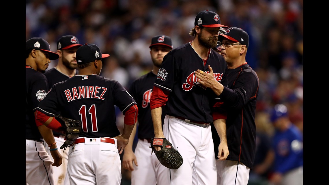 Chicago Cubs pitcher Jon Lester reacts after ending Cleveland Indians rally  during the seventh inning of World Series game 7 at Progressive Field in  Cleveland, Ohio, on November 2, 2016. Photo by