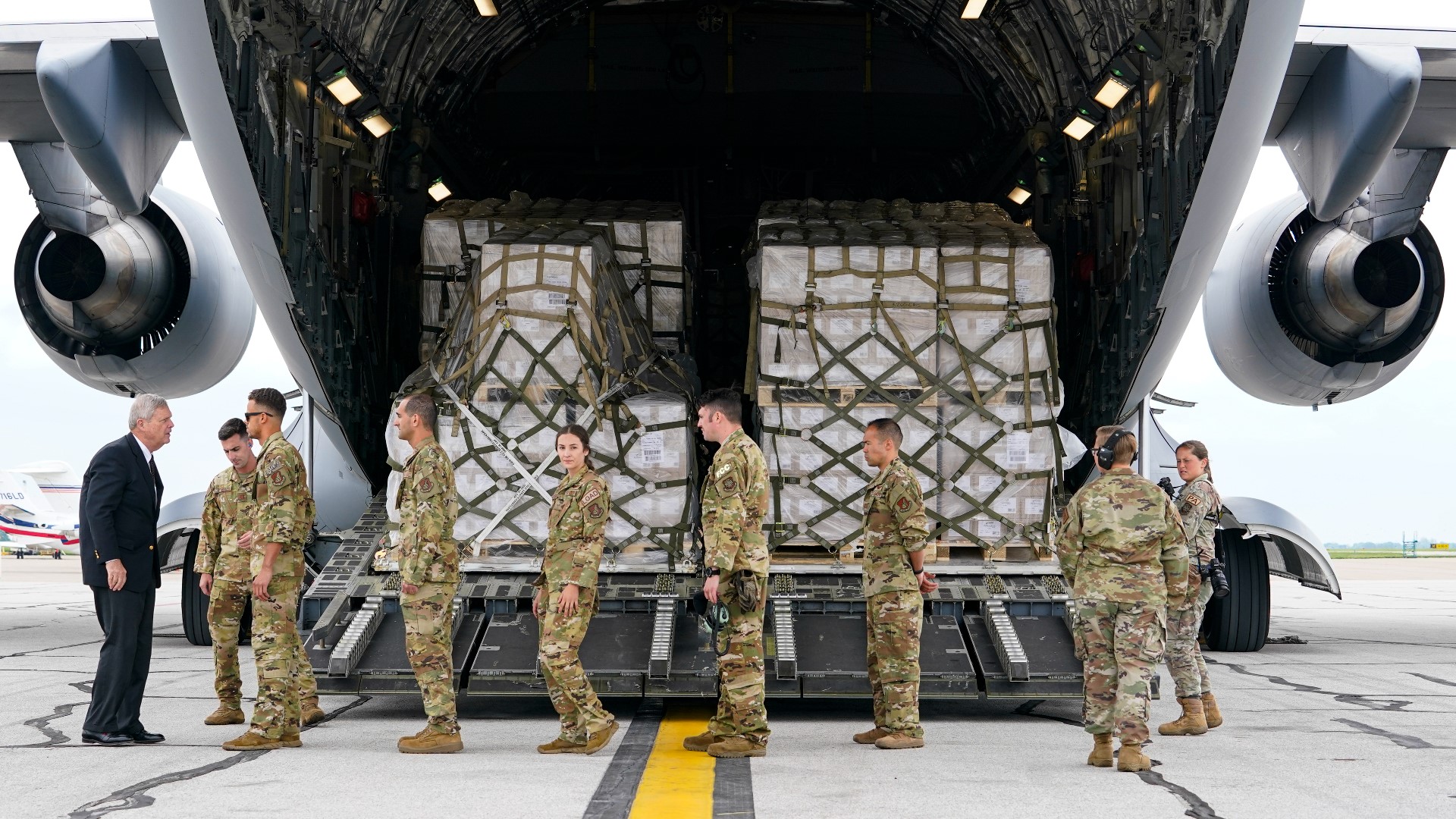 Agriculture Secretary Tom Vilsack greeted the arrival of the first shipment of formula from Switzerland by way of Ramstein Air Base.