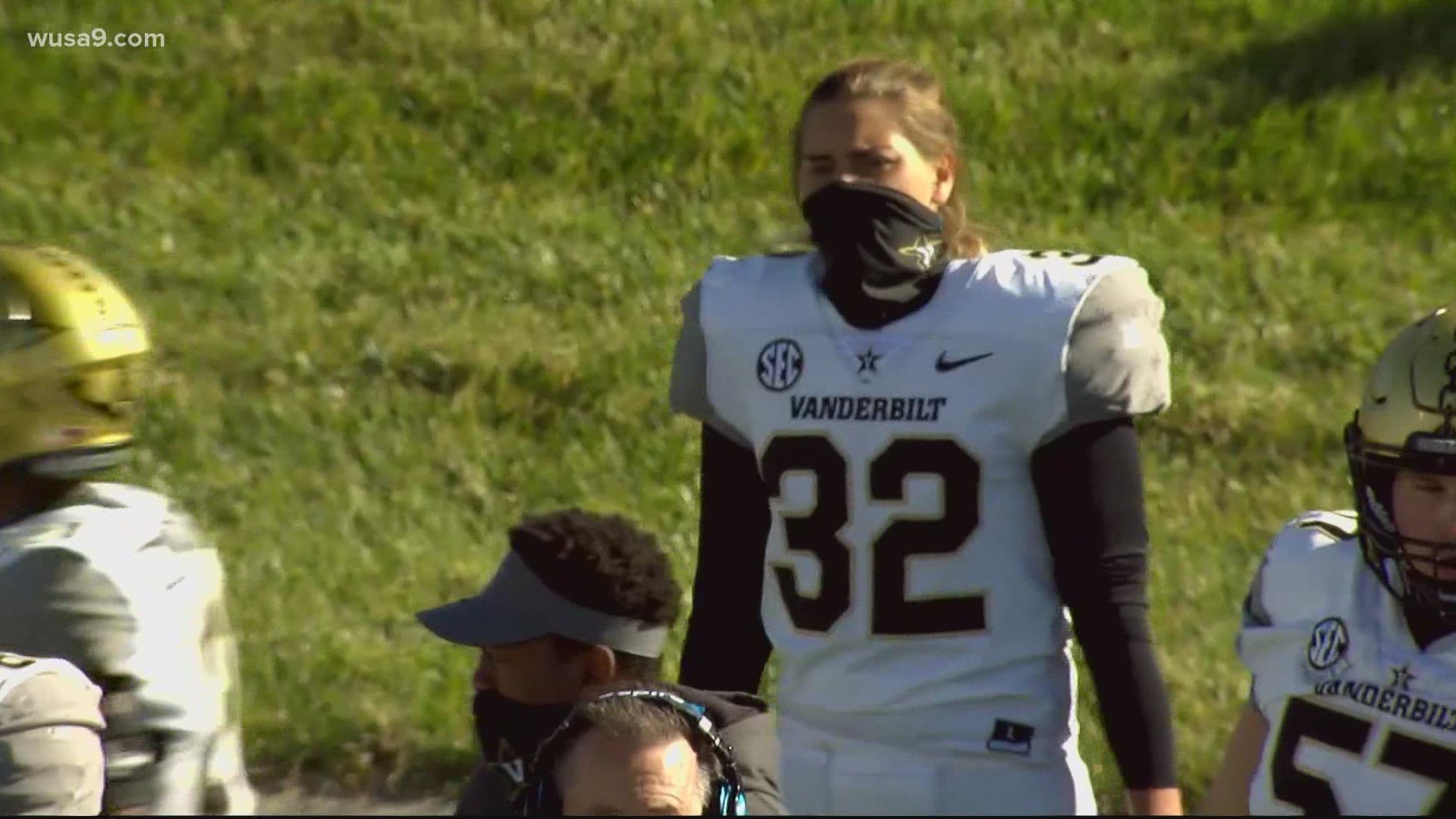 A Vanderbilt women's soccer player makes history, becoming the first woman to play in a Power Five college football game.