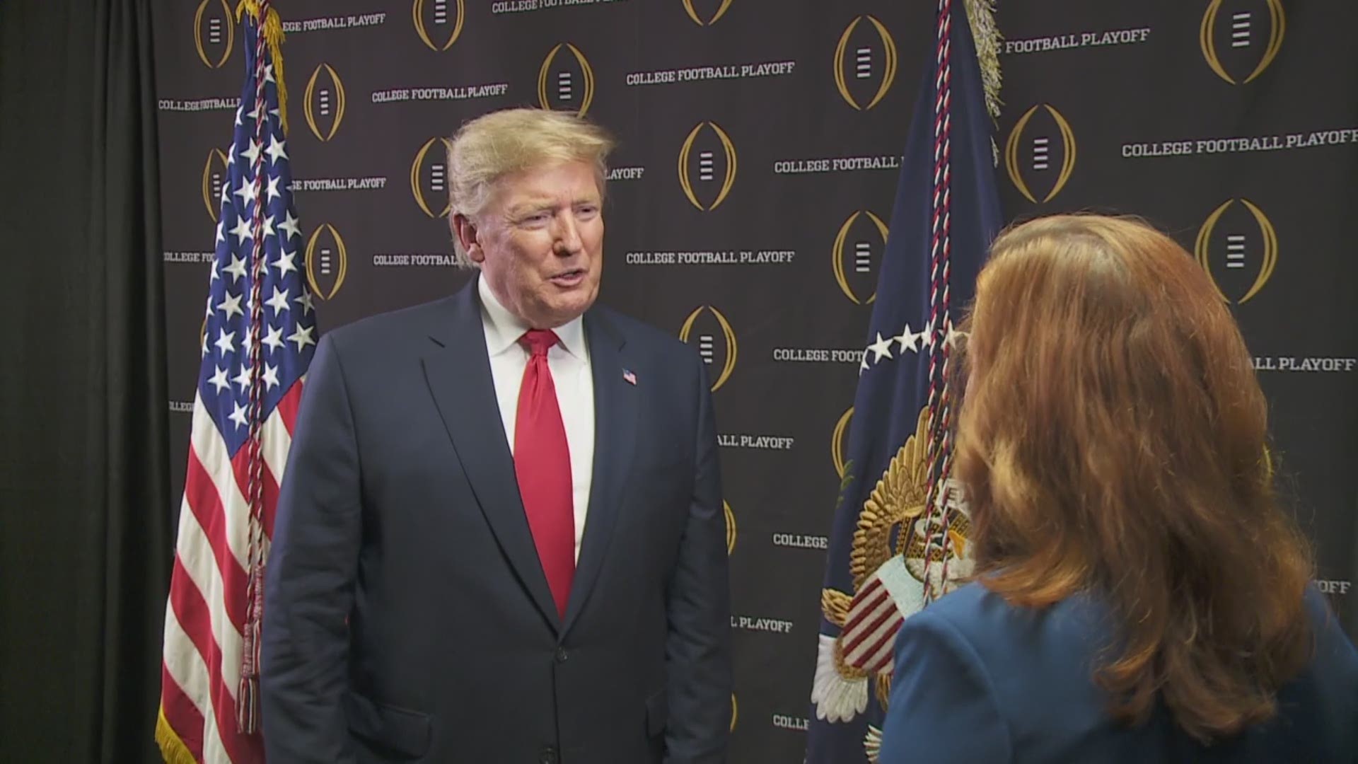 President Donald Trump talked before the game about the impeachment process, the economy and environmental regulations and the oil industry with Katie Moore.