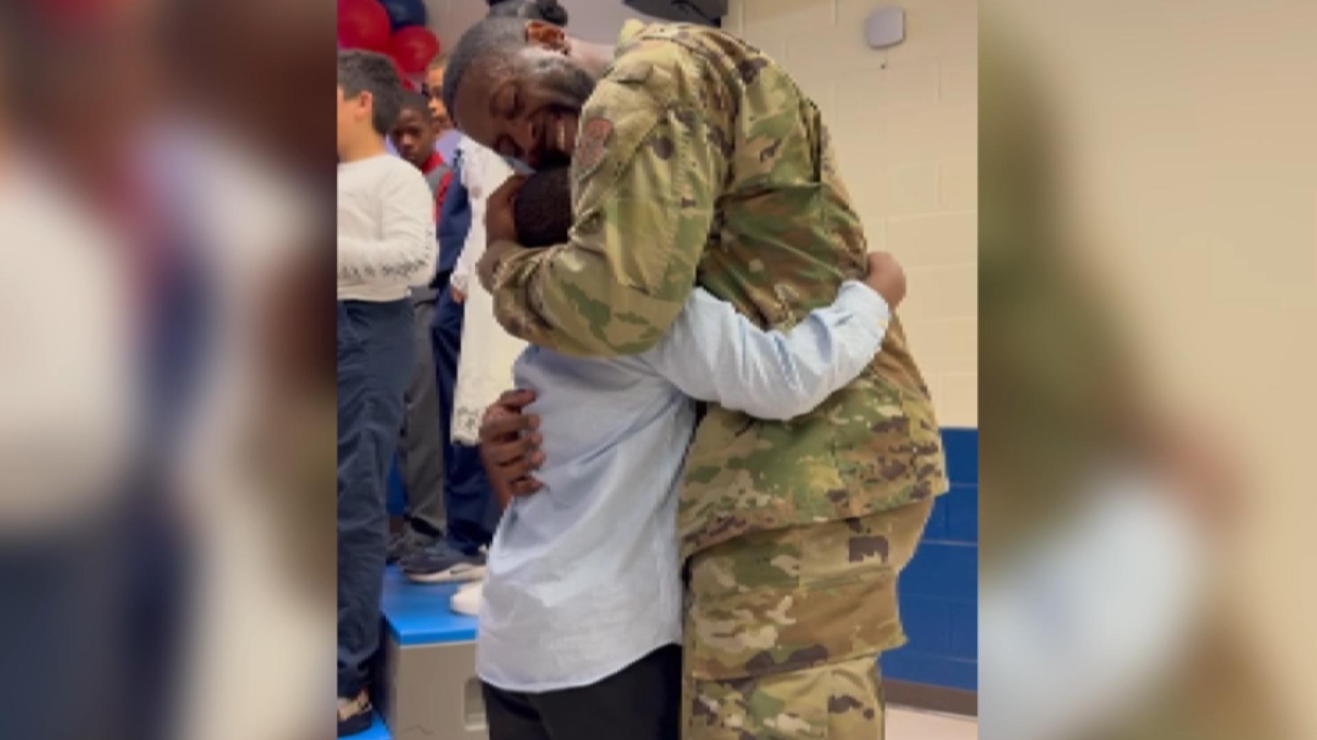 U.S. Air Force Master Sgt. Osei Gore surprised his son at Kemp Elementary School in Cobb County on Tuesday.